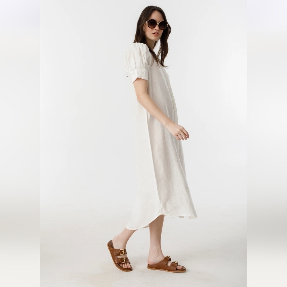 Lanhtropy Athina Midi Linen Dress Off-White Women's Small SHELL Buttons Beachy - Picture 11 of 11